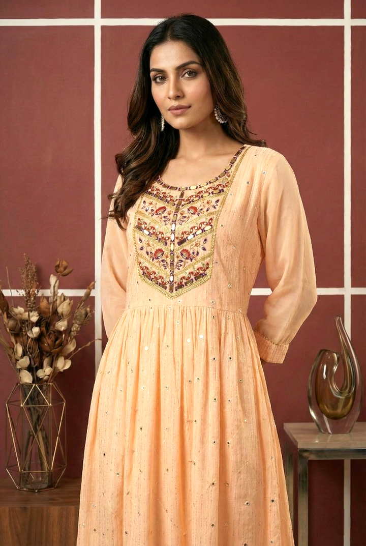 Neerus Orange georgette hand embroidered maxi dress - side view