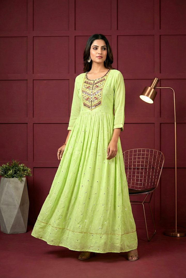 Neerus Green georgette hand embroidered maxi dress - front view