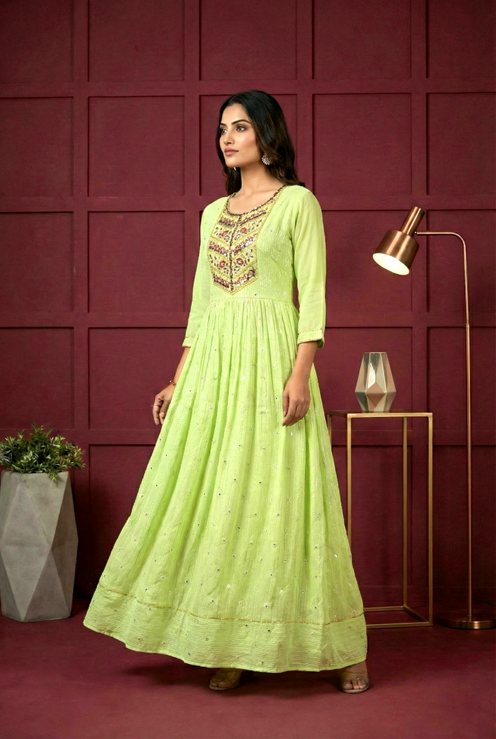 Neerus Green georgette hand embroidered maxi dress - back view