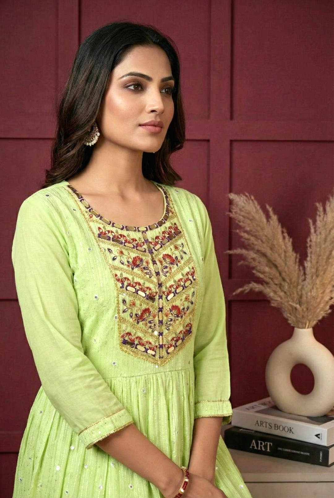 Neerus Green georgette hand embroidered maxi dress - side view
