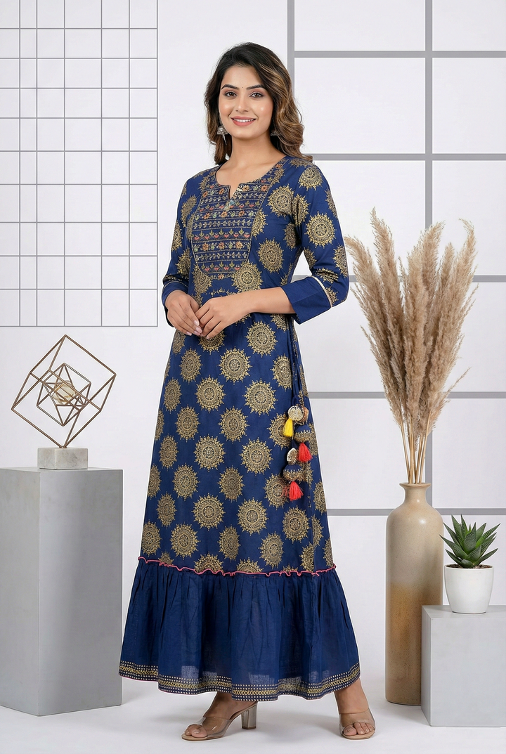Neerus Blue cotton printed dress - front view