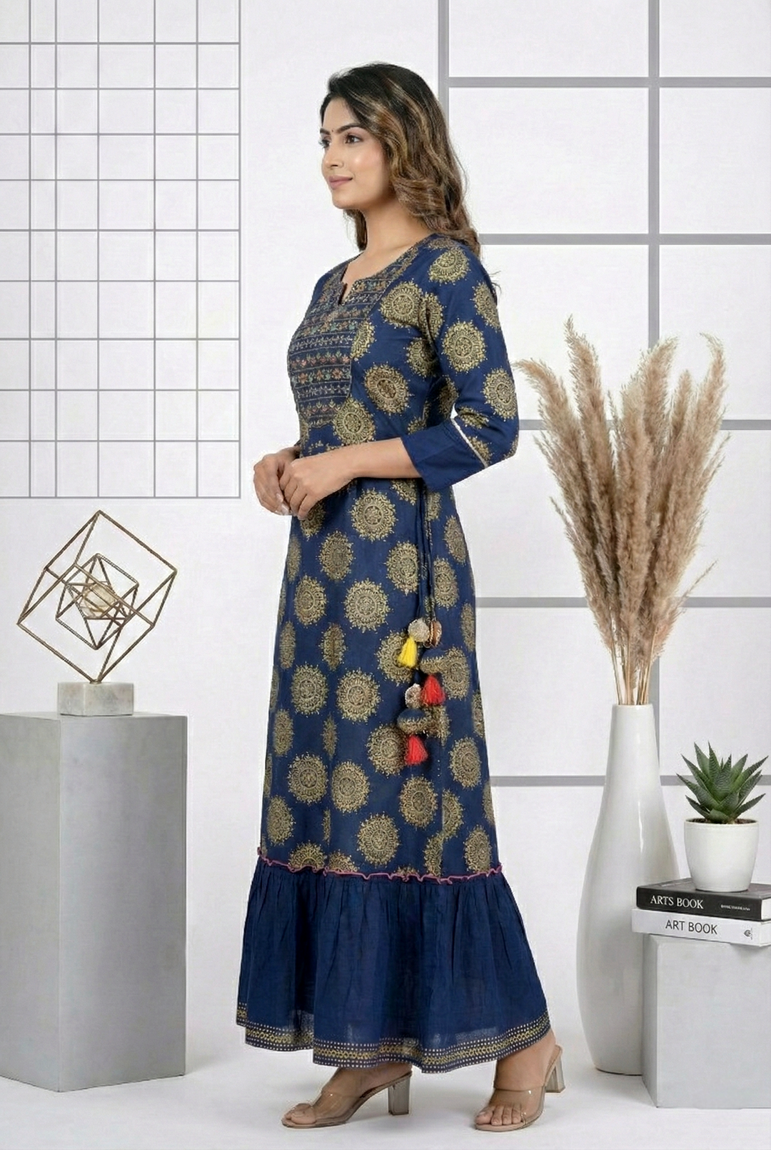 Neerus Blue cotton printed dress - back view