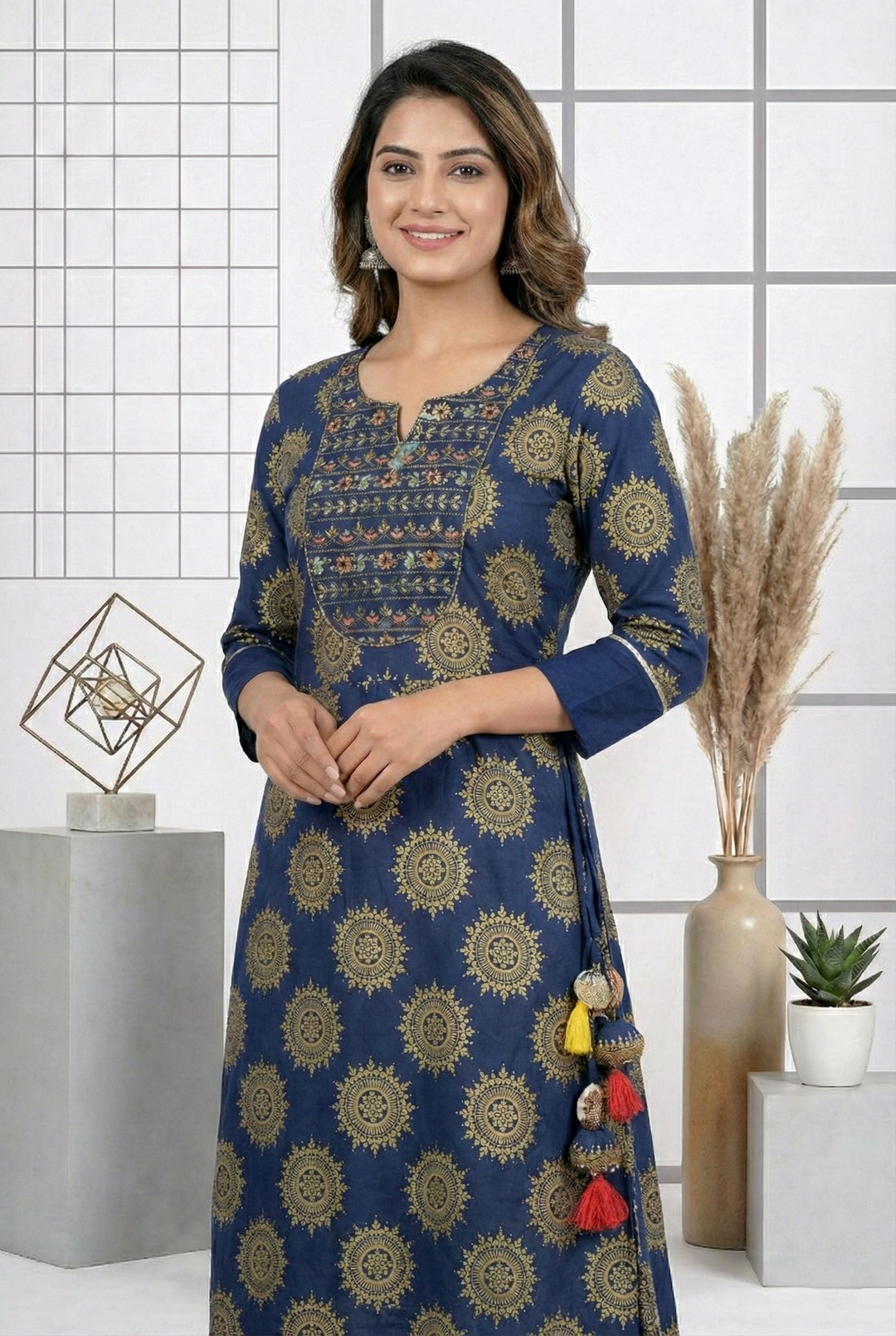 Neerus Blue cotton printed dress - detail view 1