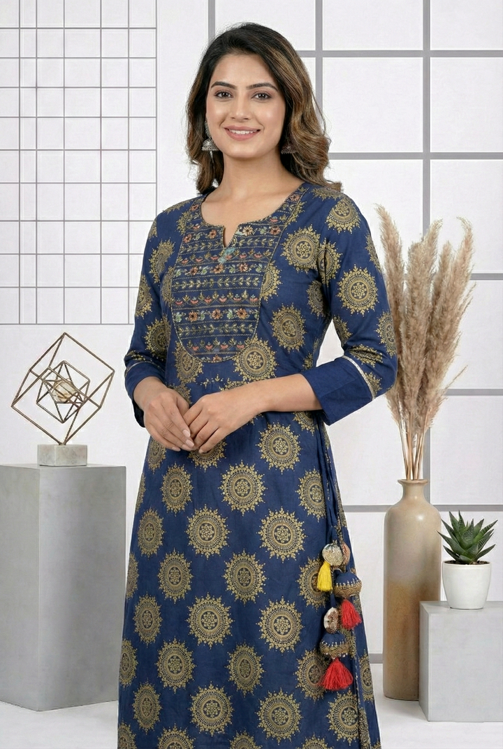 Neerus Blue cotton printed dress - detail view 1