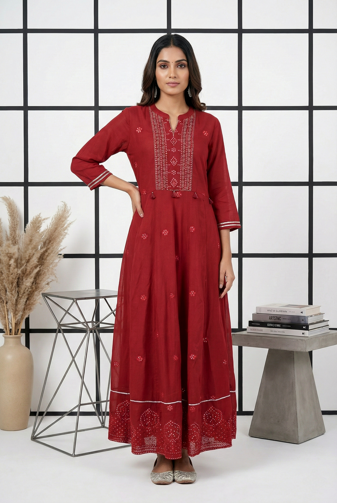 Neerus Maroon georgette hand embroidered maxi dress - front view