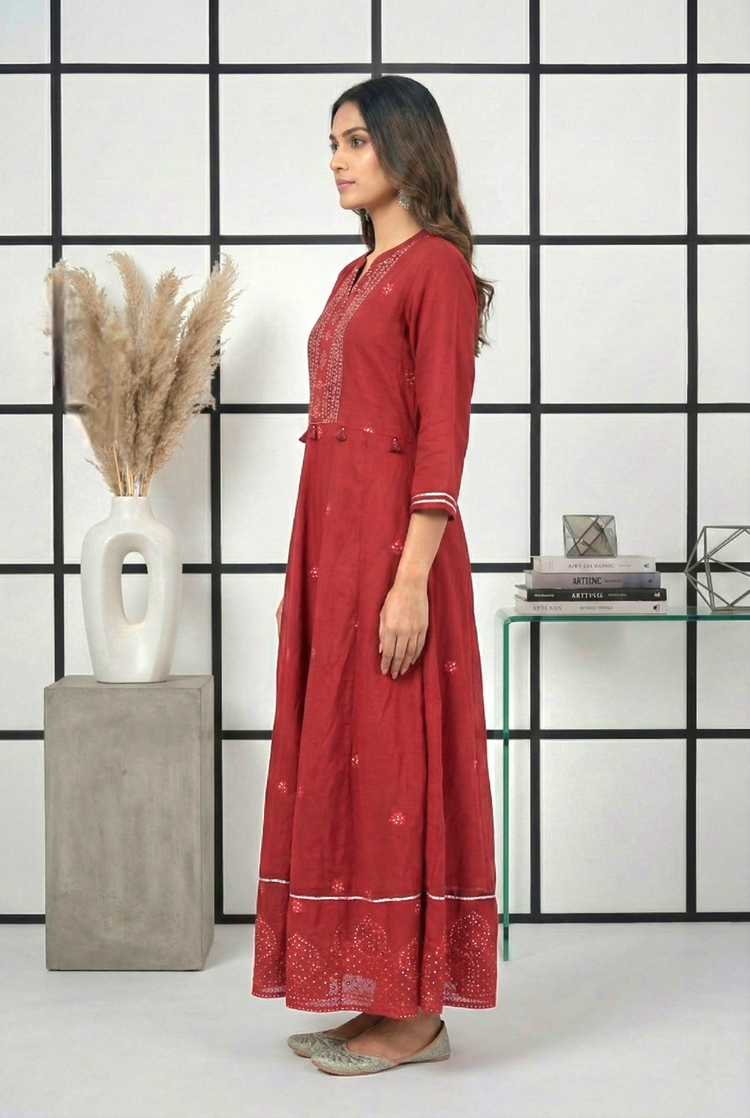 Neerus Maroon georgette hand embroidered maxi dress - back view