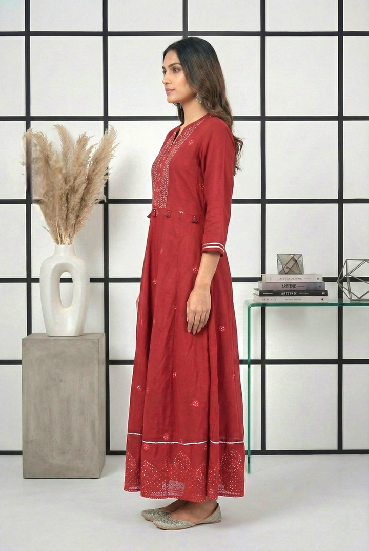 Neerus Maroon georgette hand embroidered maxi dress - back view