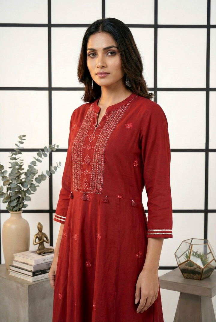 Neerus Maroon georgette hand embroidered maxi dress - side view