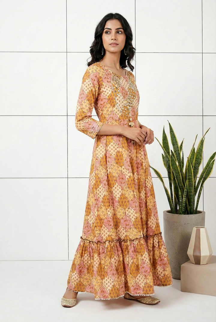 Neerus Yellow georgette printed maxi dress - front view