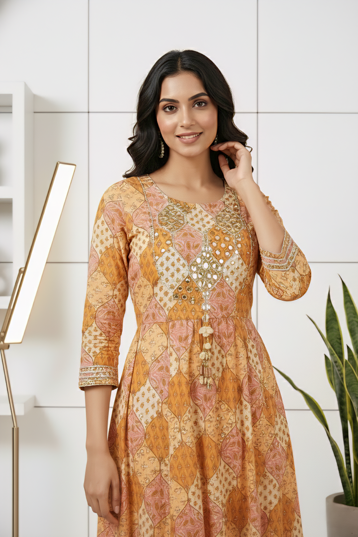 Neerus Yellow georgette printed maxi dress - side view