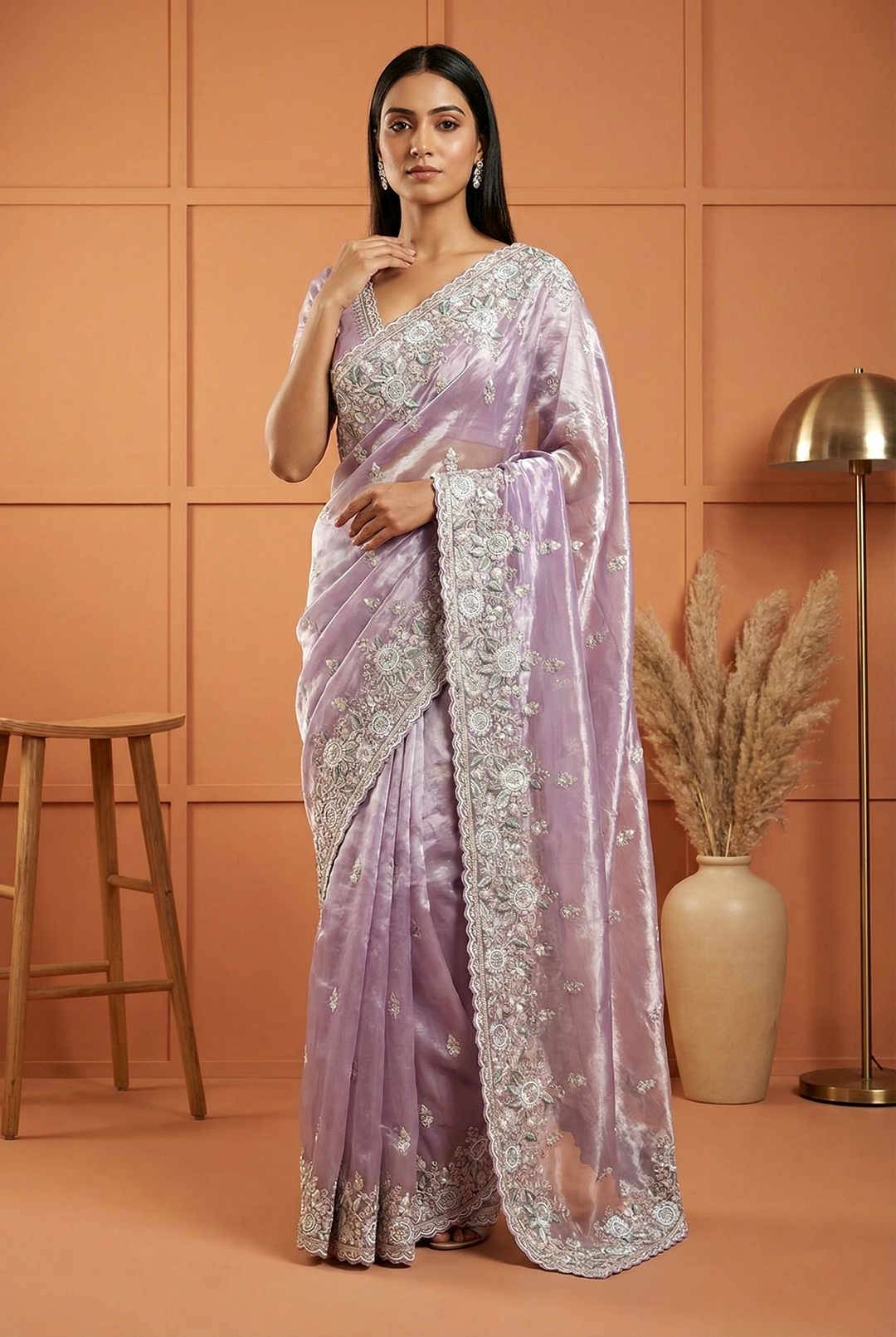 Neerus Purple organza hand embroidered saree - front view