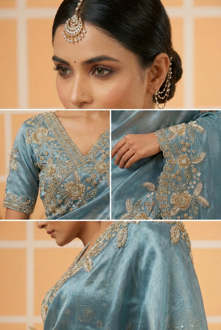 Neerus Green Organza Hand Embroidered Saree - back view