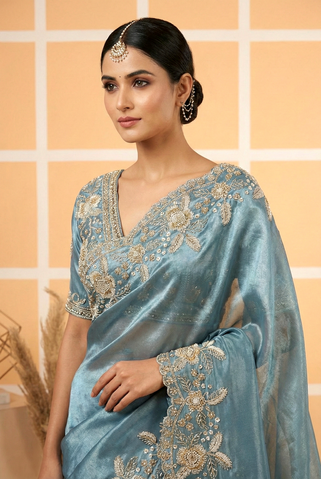 Neerus Green Organza Hand Embroidered Saree - side view