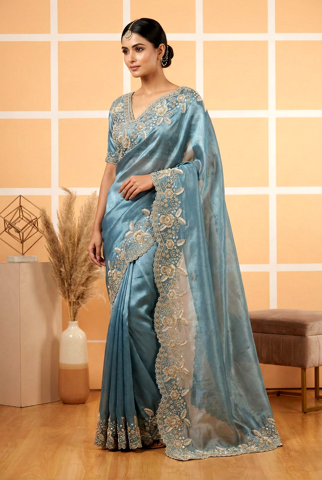 Neerus Green Organza Hand Embroidered Saree - front view
