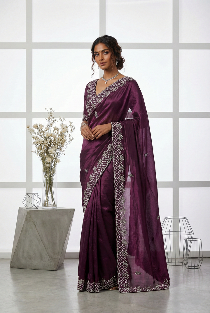 Neerus Maroon organza embellished saree - front view