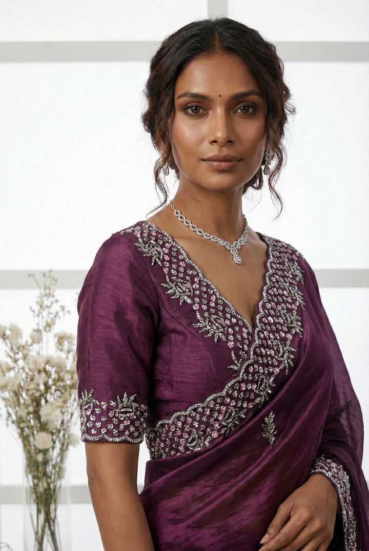 Neerus Maroon organza embellished saree - back view