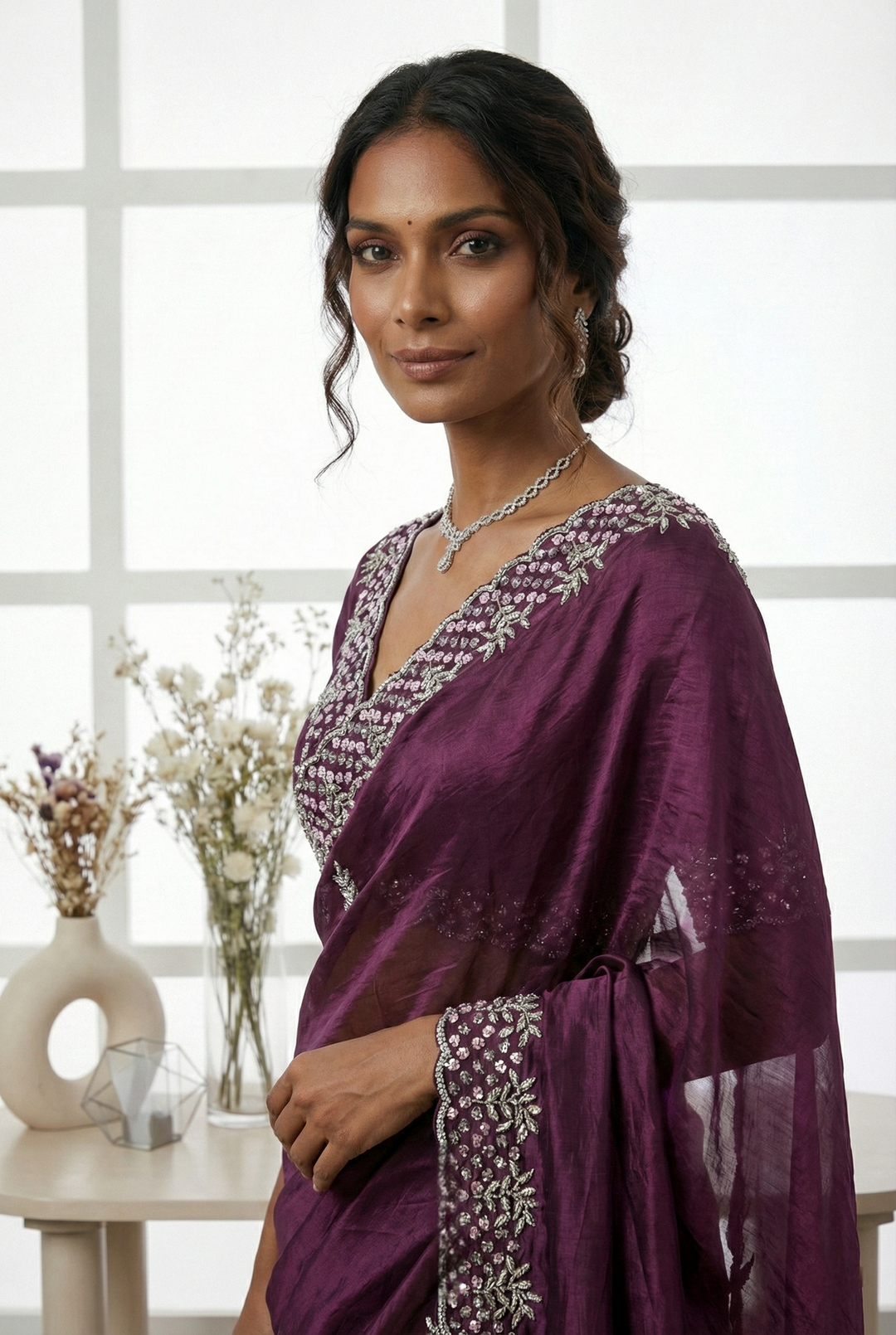 Neerus Maroon organza embellished saree - side view