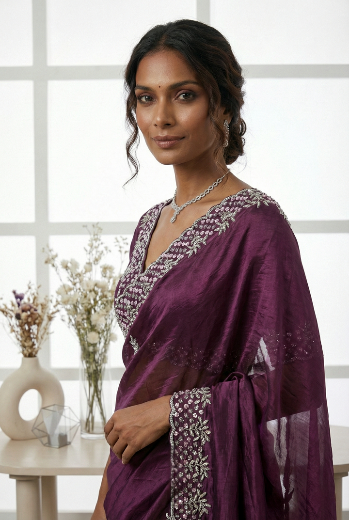 Neerus Maroon organza embellished saree - side view