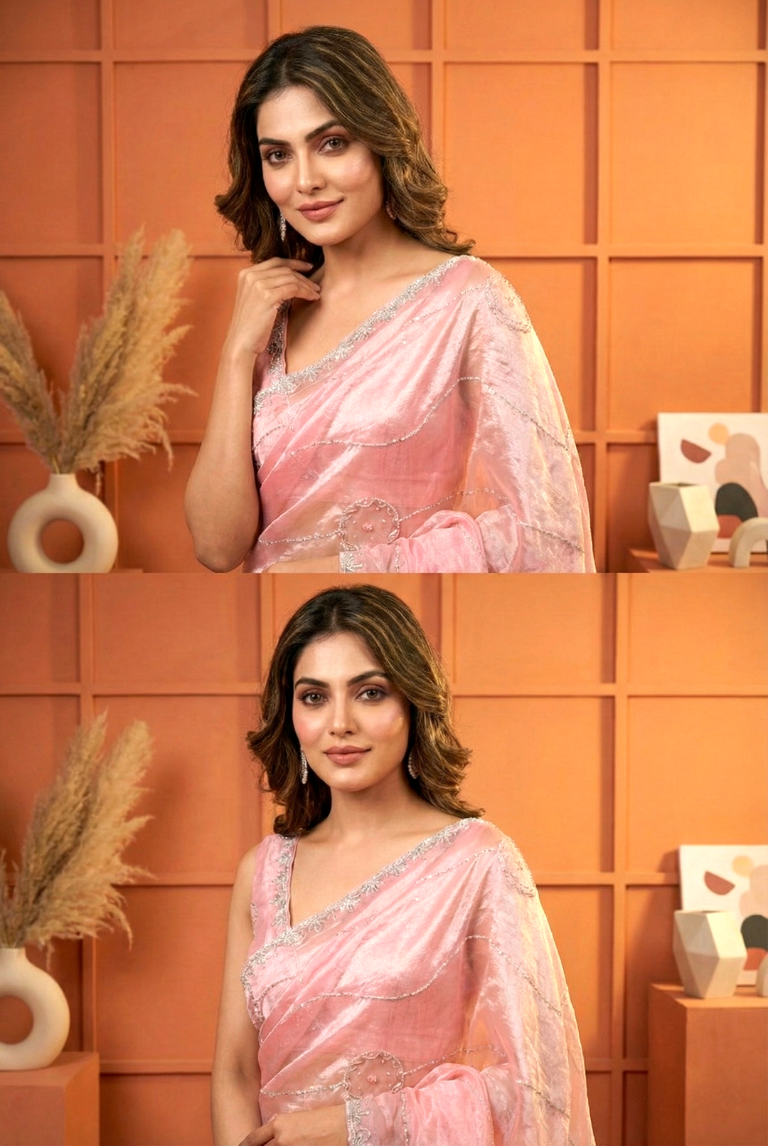 Neerus Pink organza embellished saree - side view
