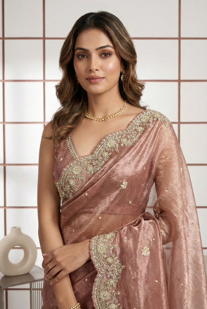Neerus Pink organza hand embroidered saree - back view