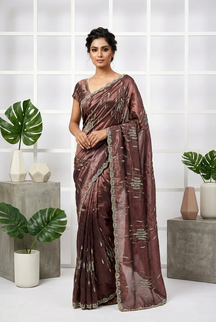 Neerus Pink silk hand embroidered saree - front view