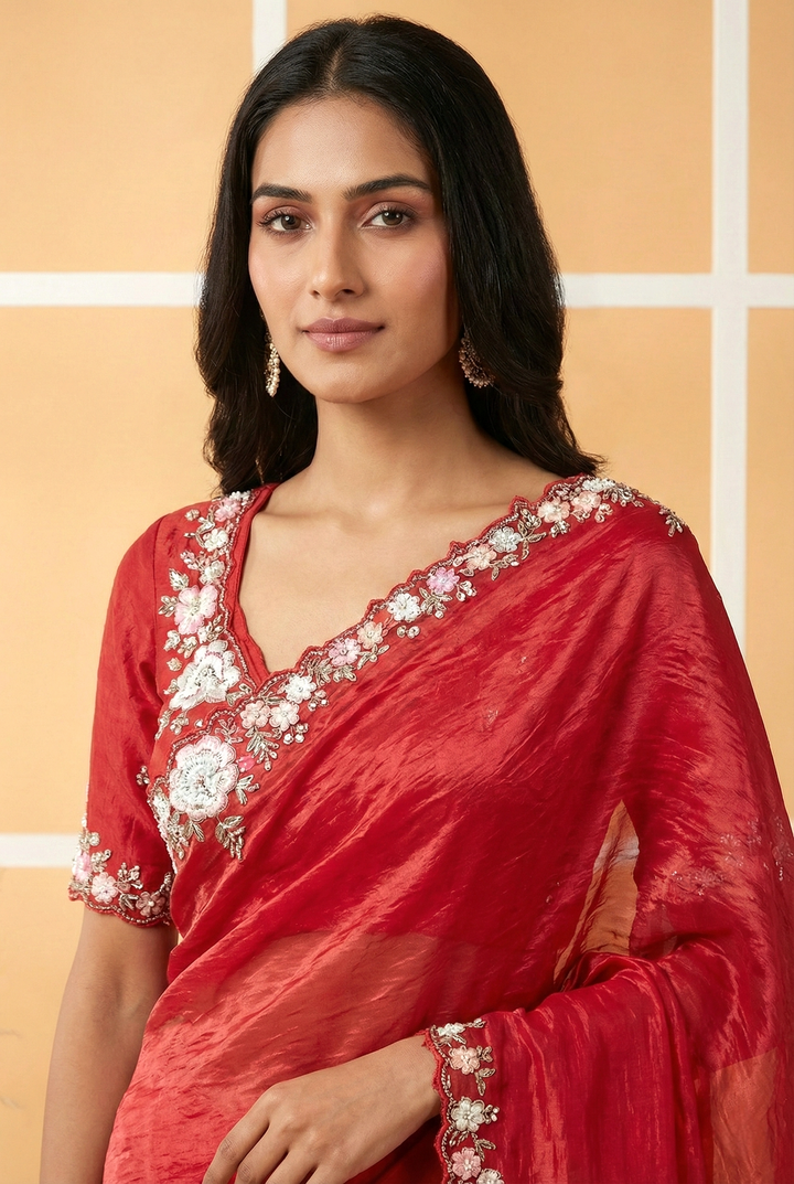 Neerus Red organza embellished saree - back view