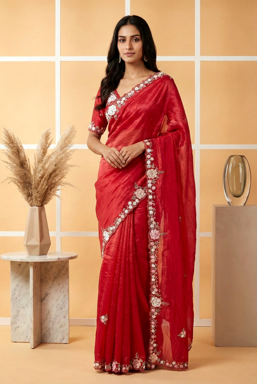 Neerus Red organza embellished saree - front view