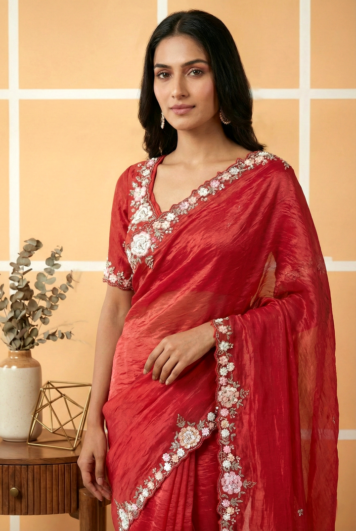 Neerus Red organza embellished saree - side view