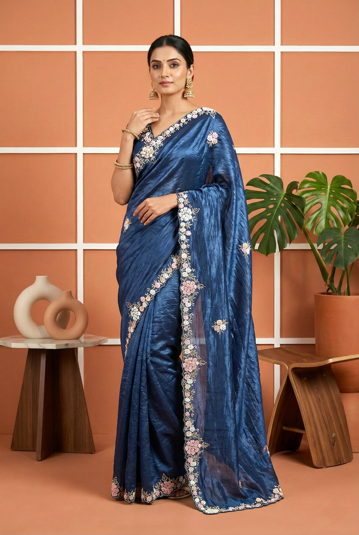 Neerus Blue organza embellished saree with sequin embroidery - front view