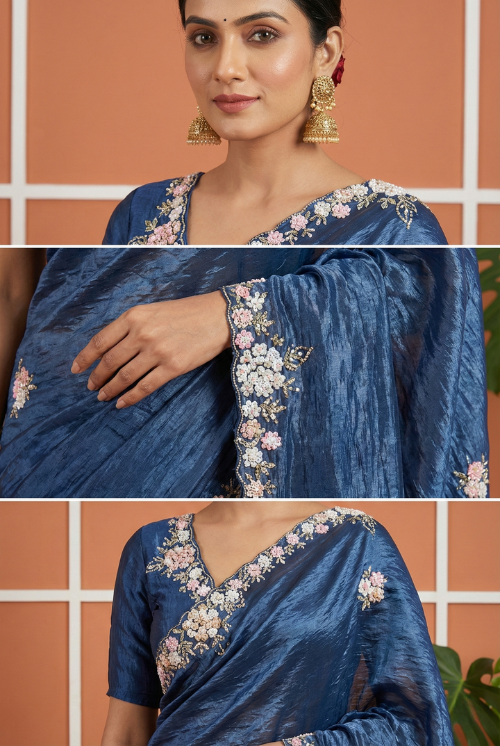 Neerus Blue organza embellished saree with sequin embroidery - back view