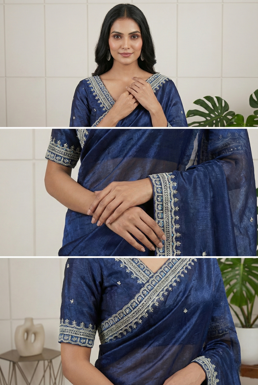 Neerus Blue Organza Embellished Saree - back view