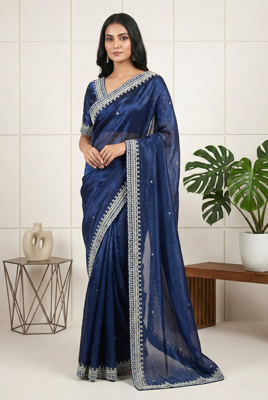 Neerus Blue Organza Embellished Saree - front view