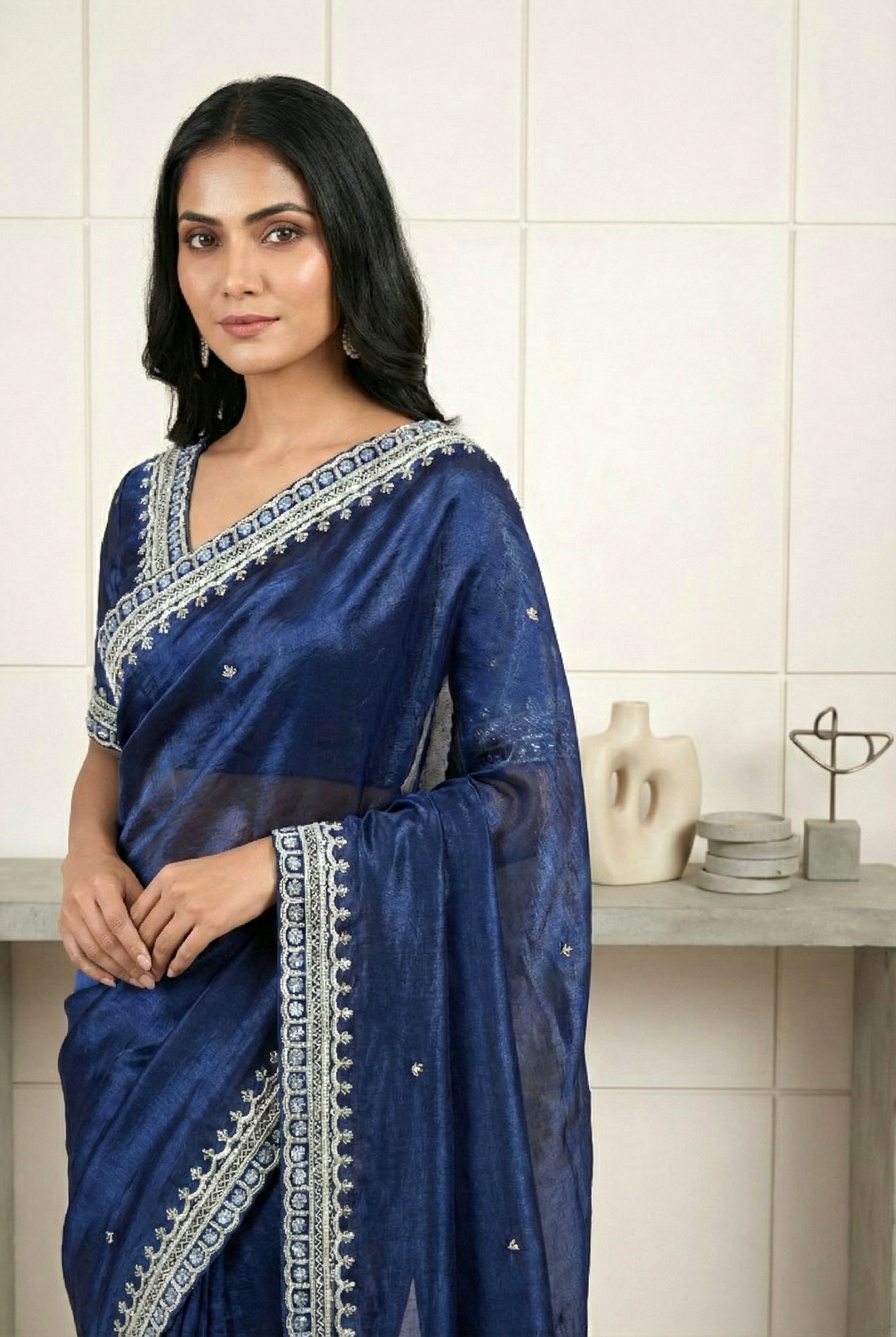 Neerus Blue Organza Embellished Saree - side view