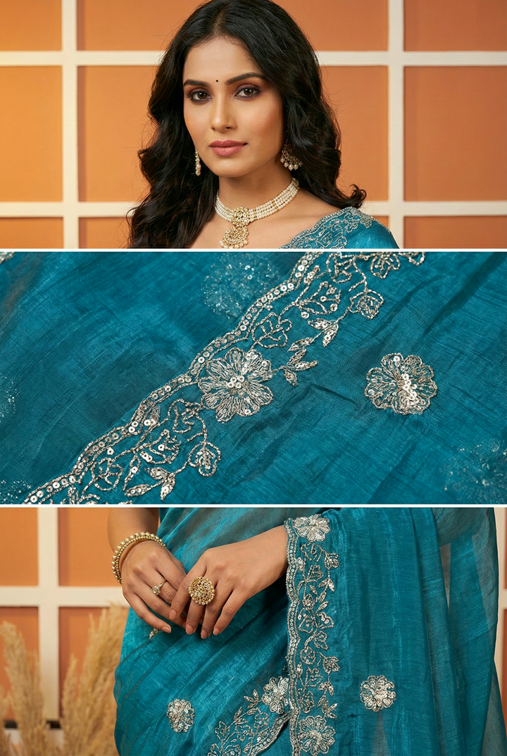 Neerus Green organza embellished saree - back view