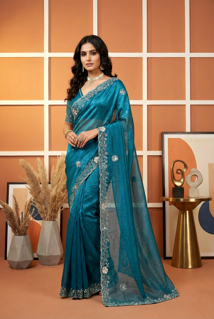Neerus Green organza embellished saree - front view
