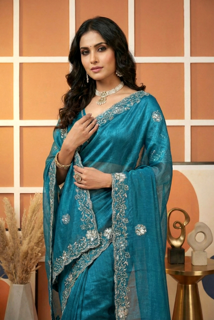 Neerus Green organza embellished saree - side view