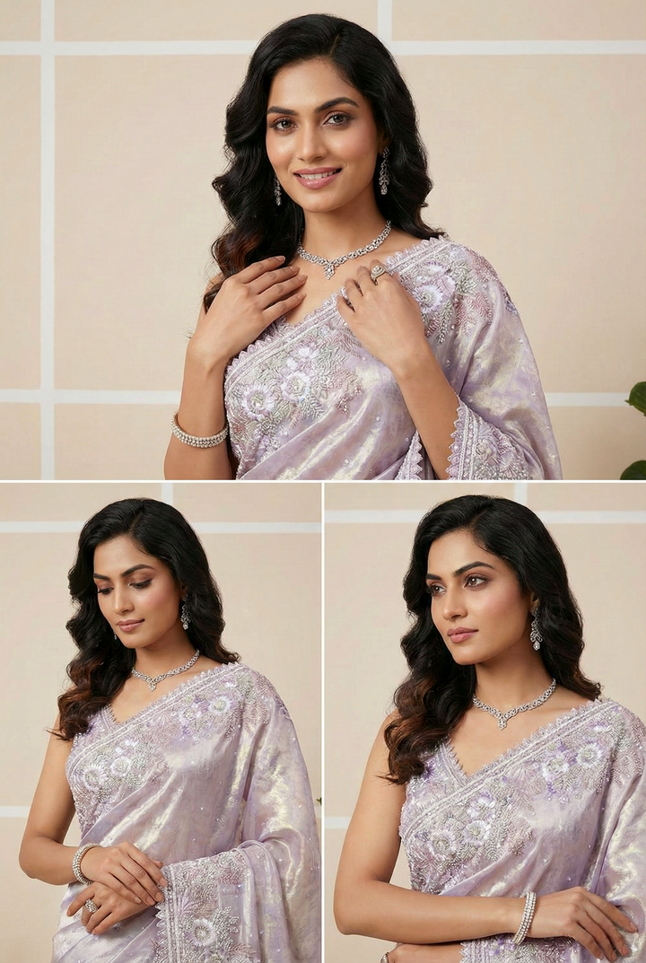 Neerus Purple organza hand embroidered saree - back view