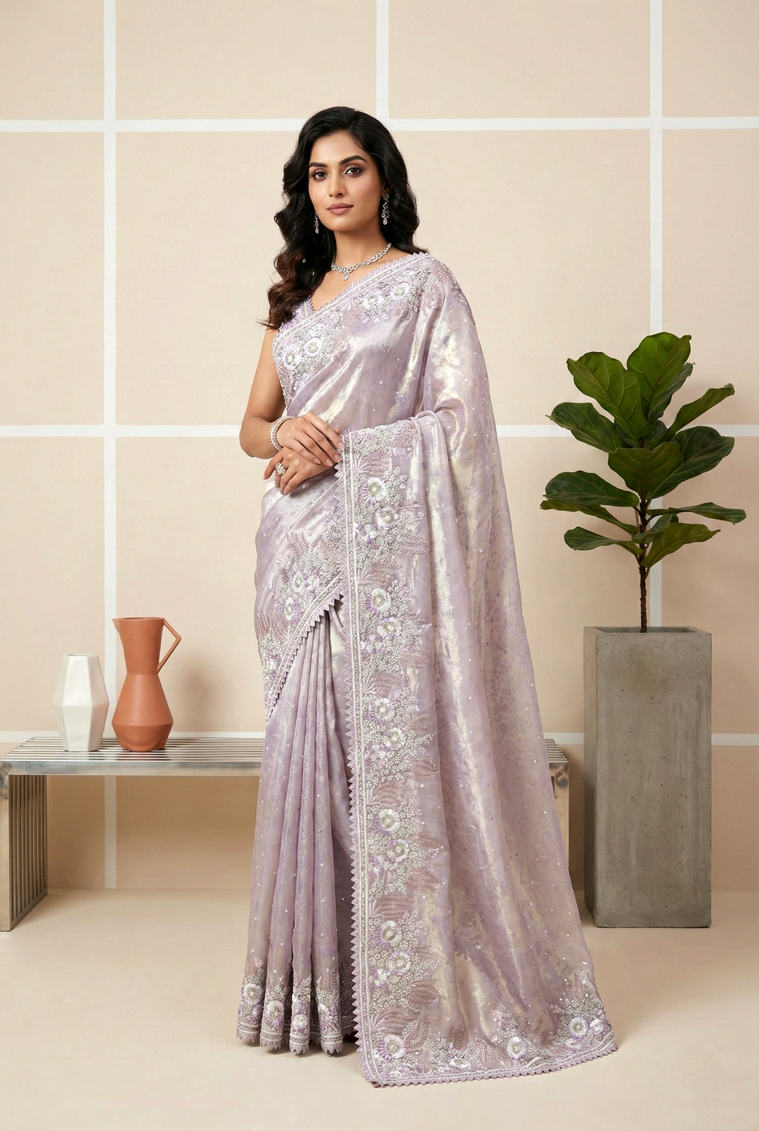 Neerus Purple organza hand embroidered saree - front view