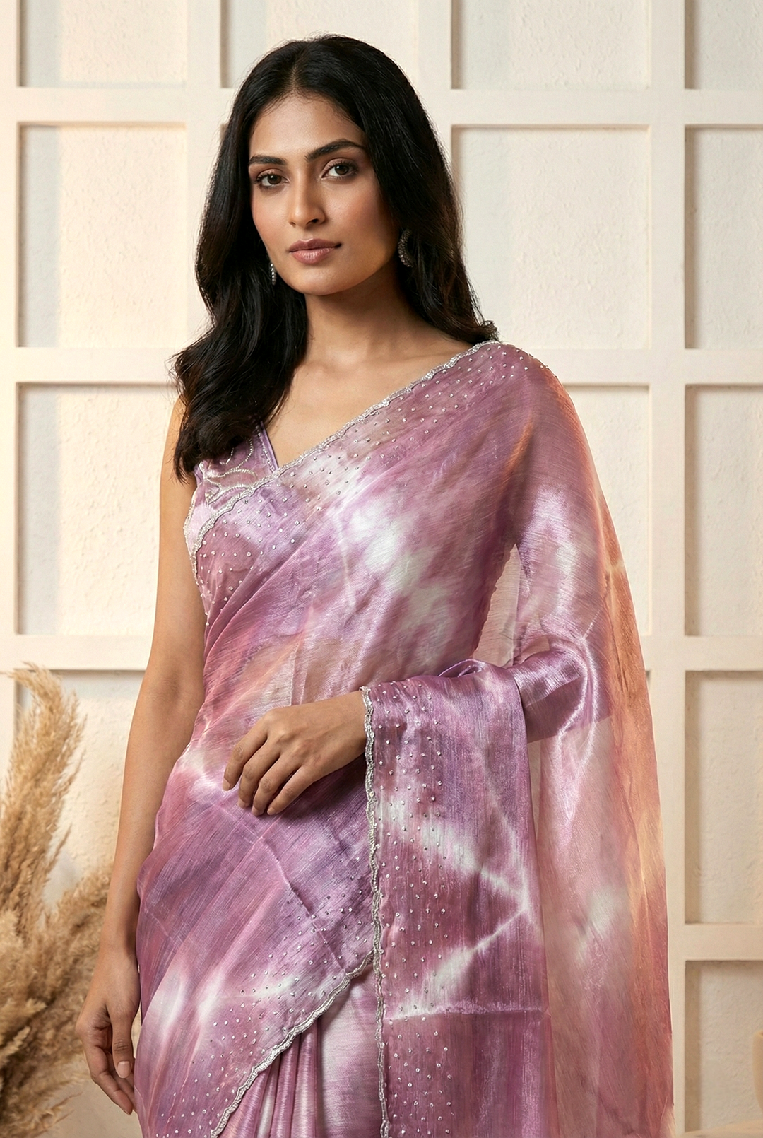 Neerus Pink organza embellished saree - front view