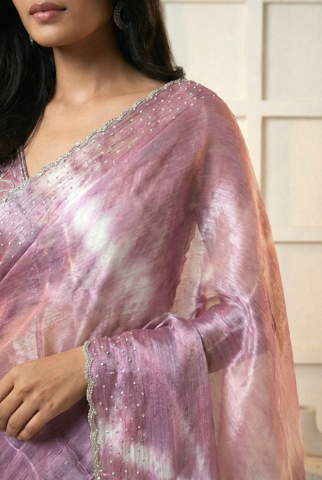 Neerus Pink organza embellished saree - back view