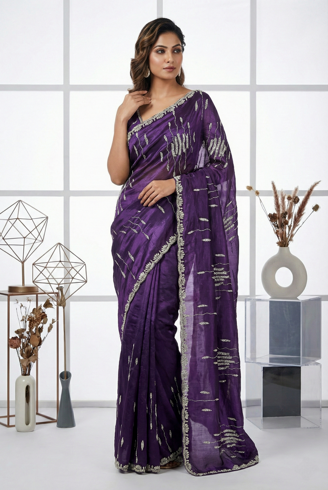Neerus Purple hand embroidered zari saree - front view