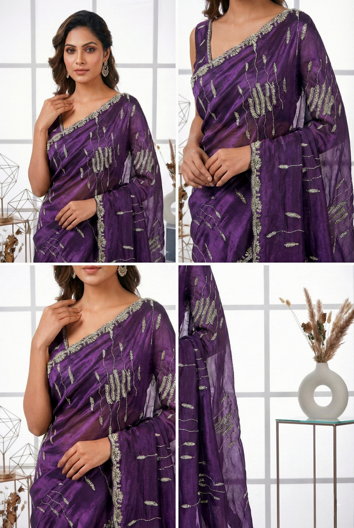 Neerus Purple hand embroidered zari saree - side view