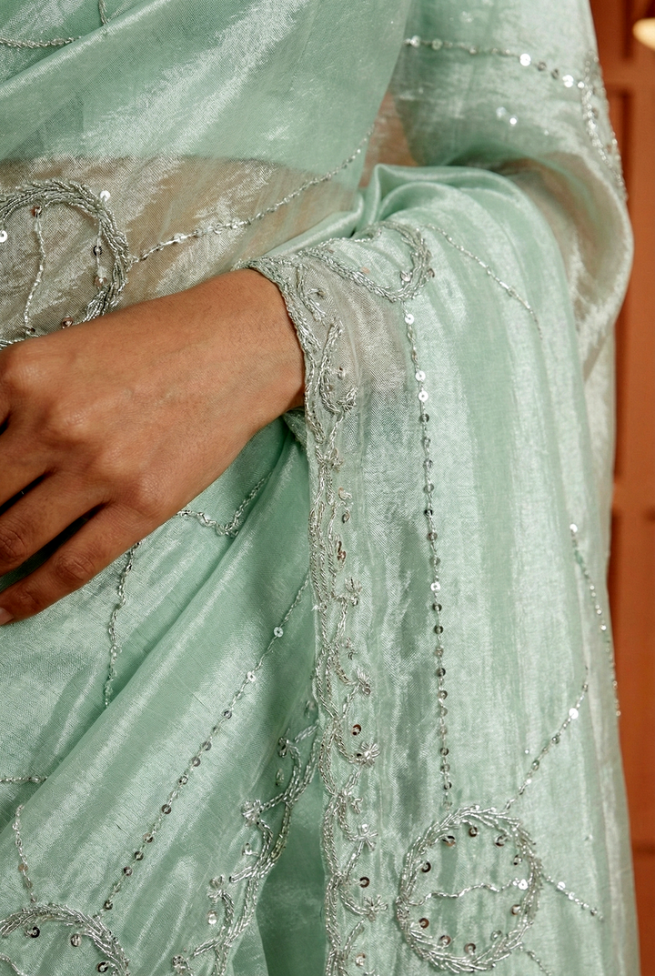 Neerus Green organza embellished saree - back view