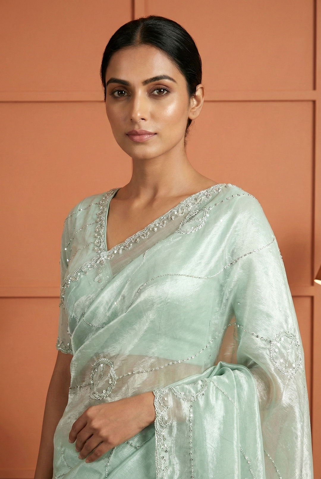 Neerus Green organza embellished saree - side view