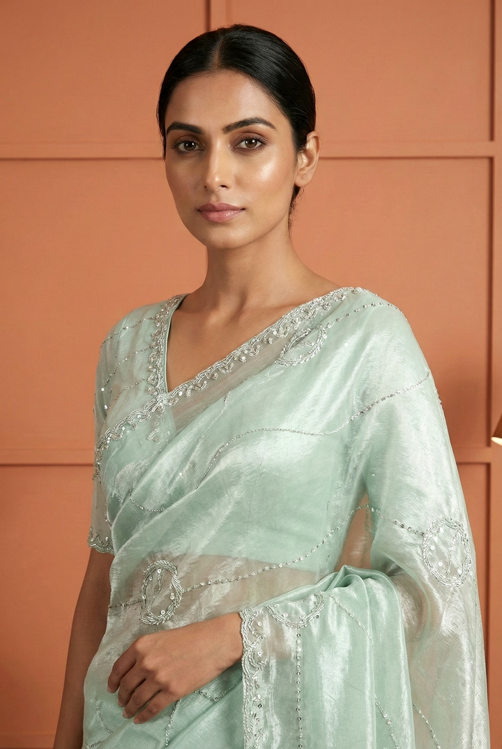 Neerus Green organza embellished saree - side view