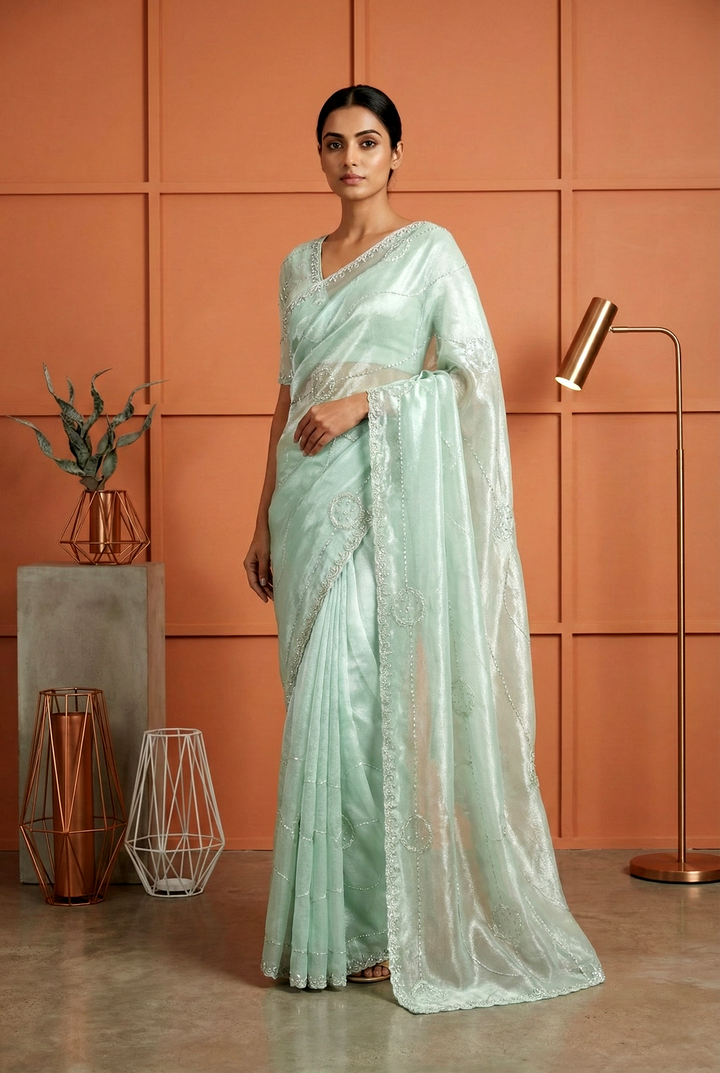 Neerus Green organza embellished saree - front view