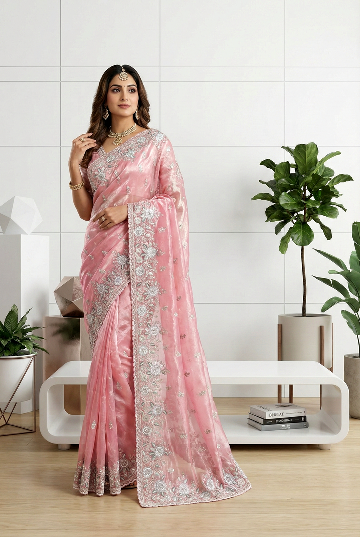 Neerus Pink organza hand embroidered saree - front view
