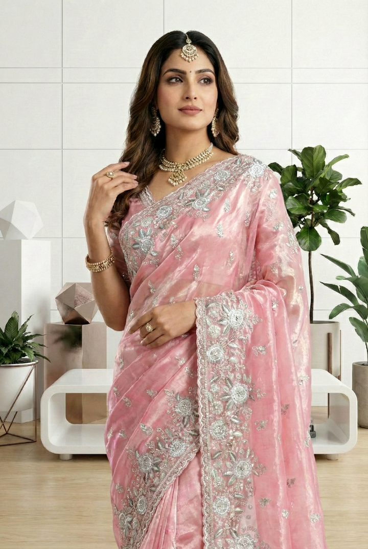 Neerus Pink organza hand embroidered saree - back view