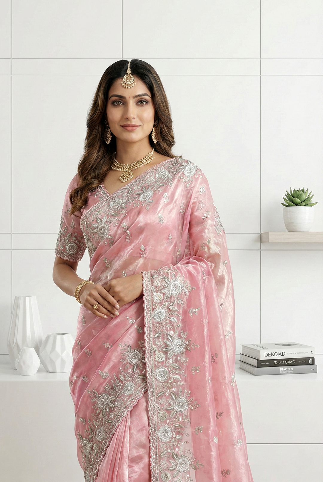 Neerus Pink organza hand embroidered saree - side view