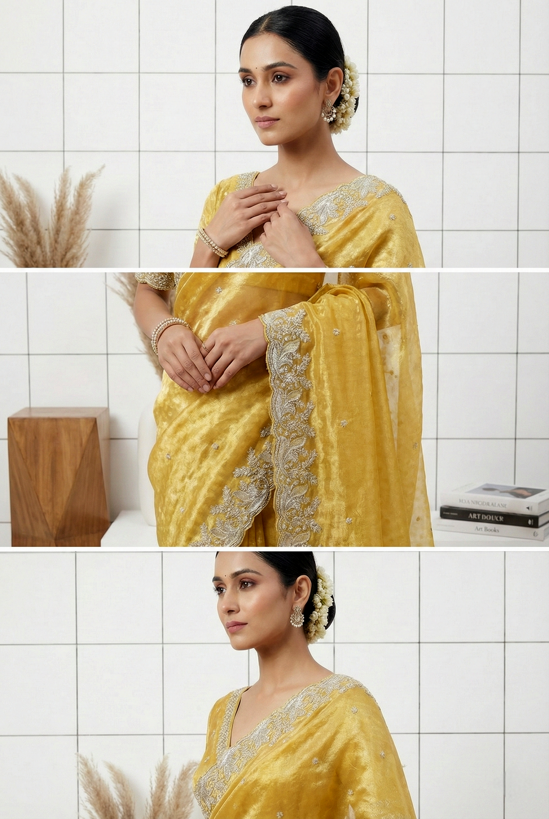 Neerus Yellow organza hand embroidered saree - back view